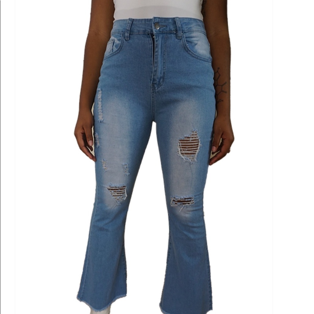 Blue Distressed Denim Womens Bell Bottom Jeans